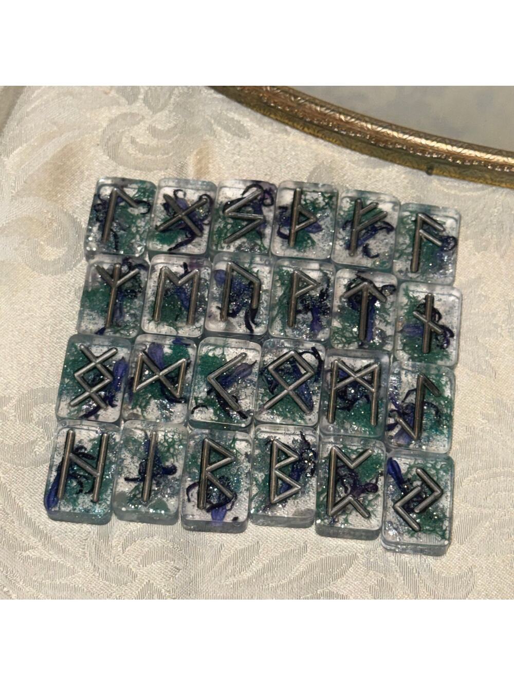 Elder Futhark Rune Set – Fluorite, Hyacinth & Sea Moss Resin Runes